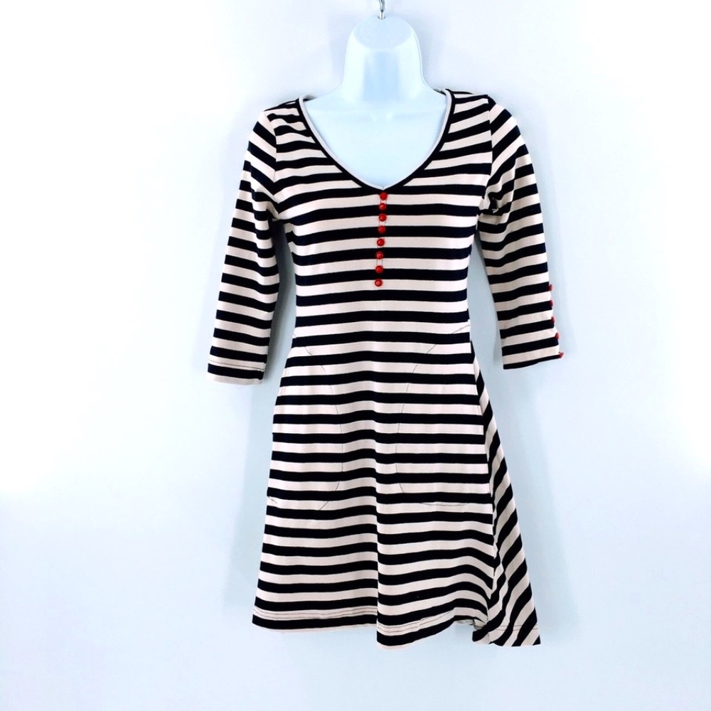 Effies Heart Tunic Esplanade Paris Stripe Tan Blue A-Line Mini Dress Sz XS